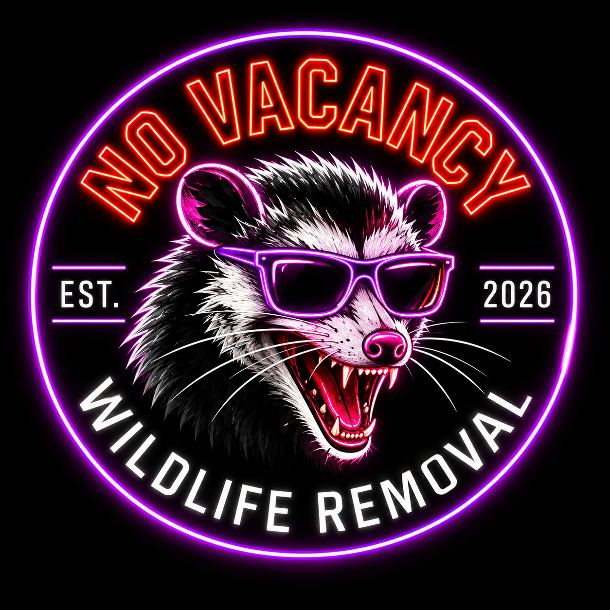 NO VACANCY Wildlife Removal circular neon possum logo, established 2026